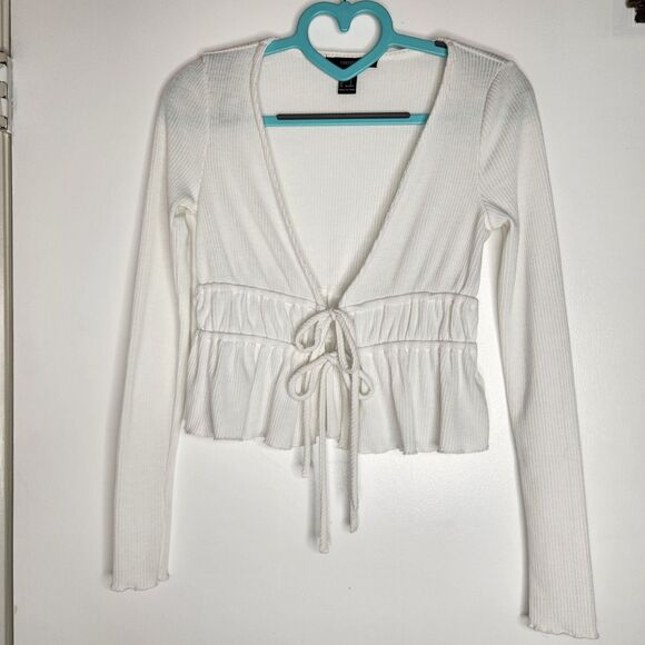 Forever 21 Ruched Tie Crop Top Size S Deep V Neck Cropped Ruffled Hem Boho Y2K - Picture 3 of 8